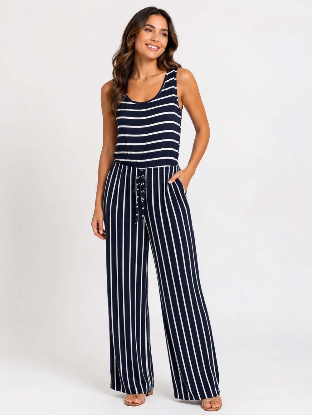 Zenana Outfitters Navy and‎ White Striped Tank Jumpsuit Wide Leg Large